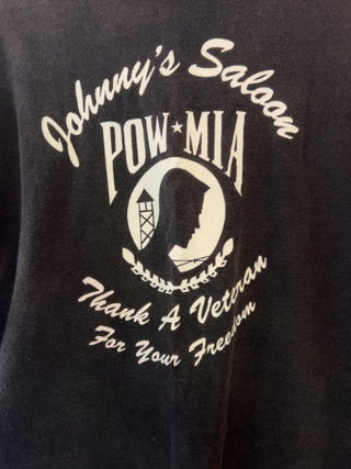 vintage-style long-sleeve black graphic tee featuring the script text "Johnny's / Punk Rock & Booze / Orange County" XL