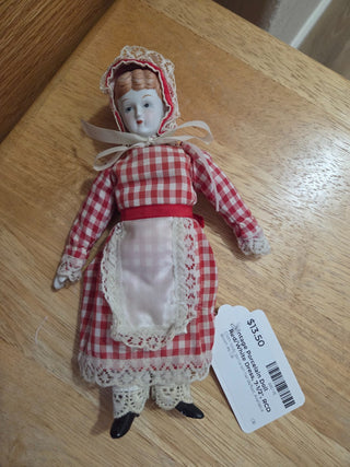 Vintage Porcelain Doll Red/White Dress, 7-1/2", RCD