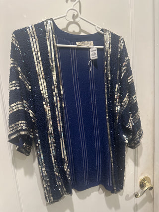 Beautiful Vintage Argenti Beaded and Sequin Blue and Silver Cardigan #63 VV MTS|134325
