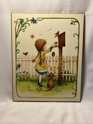 Vintage Denise Flemming, little girl, feeding birds SB MTS