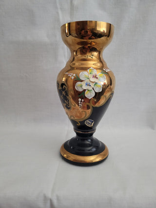 Bohemian Black Crystal & Gold w/Applied Flowers Vase RCD|96281