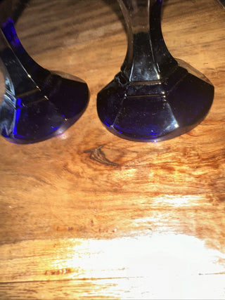 Vintage Cobalt Blue Glass Candlestick Pair Candle Hexagone Style #63 VV MTS|133706
