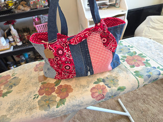 Recycled demin and fabric tote