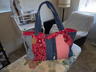 Recycled demin and fabric tote
