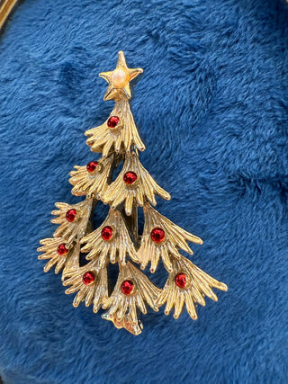 Vintage Christmas Tree Brooch Signed Gerrys Pin GoldTone Red Balls Pearl|139054