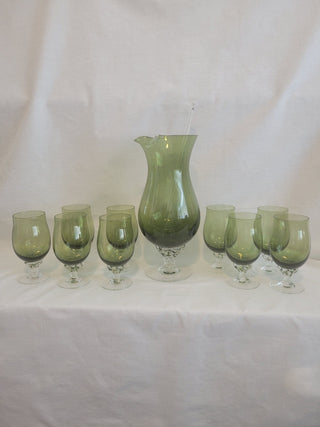Sasaki Blown Green Glass Carafe, Stirrer & 9 Glasses RCD