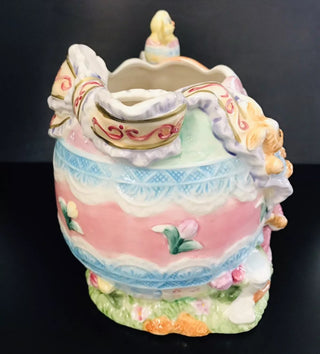 #62 vv Garden Ridge Pottery 7" Bunny Pitcher Easter Chicks & Egg Theme Luster FinishMTS|57392