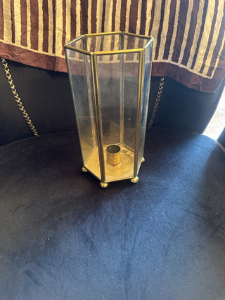 Vintage Brass Octagon Paneled Glass Candle Lamp Lantern with round feet #47 VV MTS