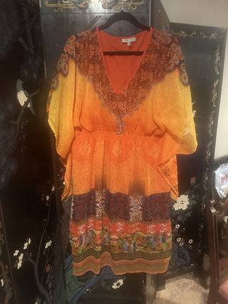 Speed Control NY Print Dress 1 X Sheer Orange Lined V neck #63 VV MTS