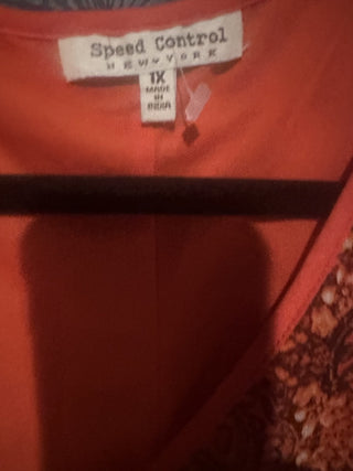 Speed Control NY Print Dress 1 X Sheer Orange Lined V neck #63 VV MTS