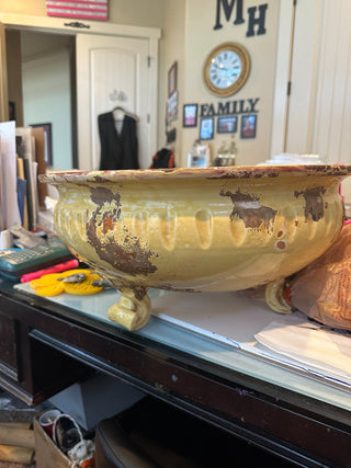 Vtg. Tuscany Fortunata hand painted, 3 ftd., yellow bowl, 18" dia., RCD