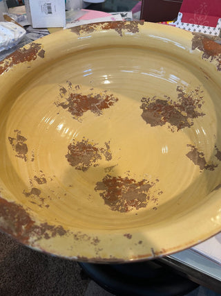 Vtg. Tuscany Fortunata hand painted, 3 ftd., yellow bowl, 18" dia., RCD