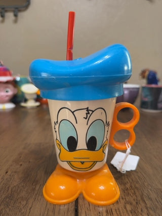 Donald Duck Plastic Feet Mug 5” w/Lid/hat/straw 1980