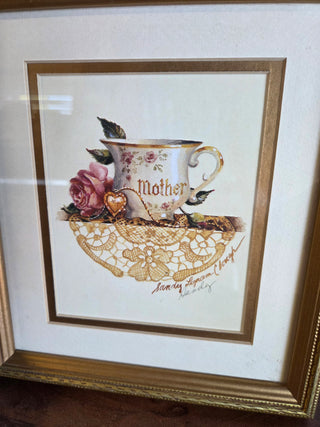 Vtg Framed Teacup Print "Mother"