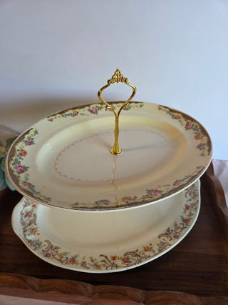 2 Tier Cream Platter Stand w/ Floral Border