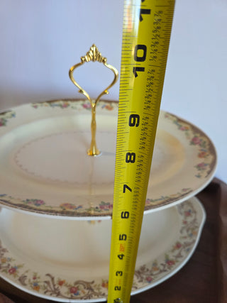 2 Tier Cream Platter Stand w/ Floral Border