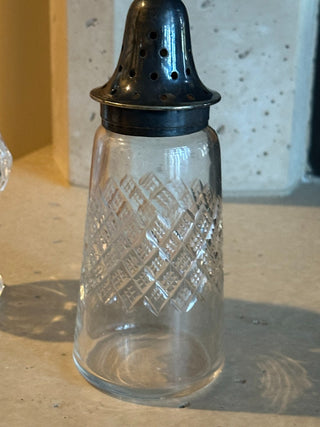 Vtg. Sugar Shaker - Cut Glass w/electro nickel silver top 7" RCD