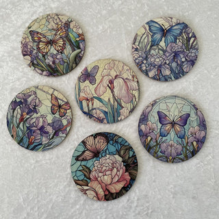 set of 6 butterfly & flower coasters in black box RSV