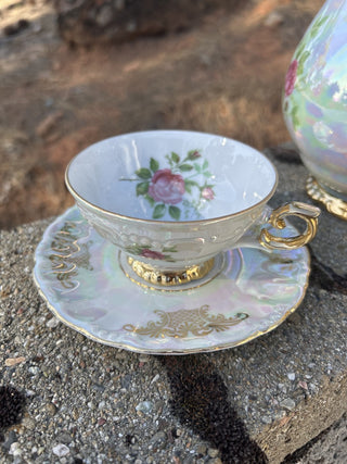 12F 5 piece iridescent and gold rose tea set RSV|79444