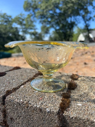 1930s Paden City Yellow Glass Bowl Gothic Garden Etched Design
