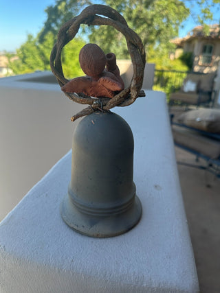 Vtg Mexican Clay Bell w/angel surrounded by twisted woodvine 8" RCD|99840