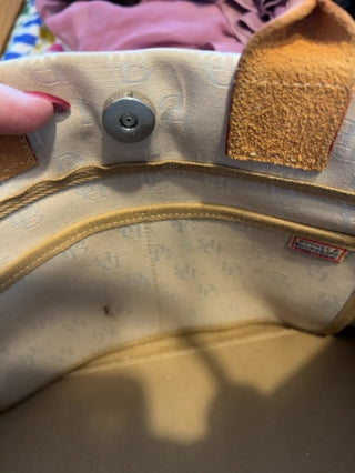 Vintage Y2K Dooney & Bourke logo monogram tote crossbody satchel bag in beige canvas brown leather trim