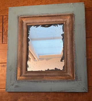 TURQUOISE & GOLD MIRROR (BOTH FRAME AND MIRROR GLASS ARE DISTRESSED) TURQUOISE W/GOLD COLOR IS QUITE STRIKING 15" X 17" VERY GOOD CONDITION (KJS) RCD