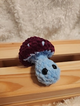 Mushroom Fidget Popper: Crocheted wine red/ light blue