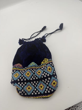 Velvet Drawstring Evening bag beaded bucket purse 8" X 5.5" deep royal blue purple #62 VV MTS