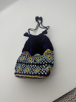 Velvet Drawstring Evening bag beaded bucket purse 8" X 5.5" deep royal blue purple #62 VV MTS