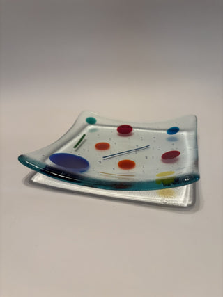 Fused Glass Dish 6" Square Clear with Colorful Dots and Lines- AnoGlass|58503