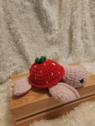 Strawberry Sea Turtle: Crocheted red, pink, white, green