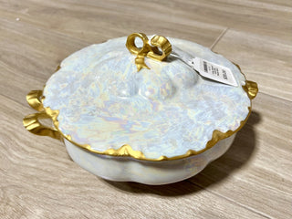 Vntg. Signed Gold Bow Pearly Bowl|103502