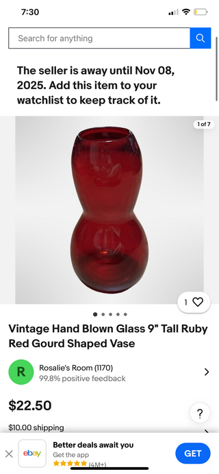 9” Vntg ruby red hand blown glass vase|125604