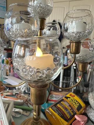 Vtg (1950's) French Brass Candelabra, 9 armed w/glass globes & votives RCD|68365