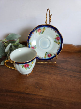 Czech Vtg. Blue Floral Teacup/Saucer Stand