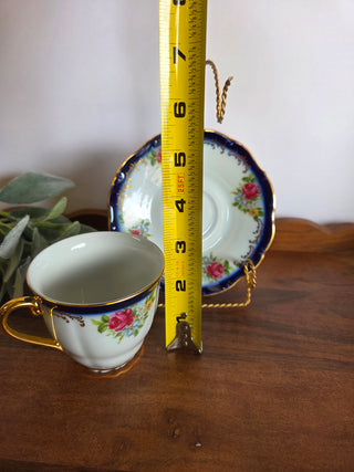 Czech Vtg. Blue Floral Teacup/Saucer Stand