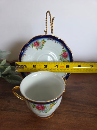 Czech Vtg. Blue Floral Teacup/Saucer Stand
