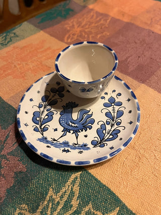 Mini Blue and White Rooster Plate w/Attached Saucer Made in Germany RSV