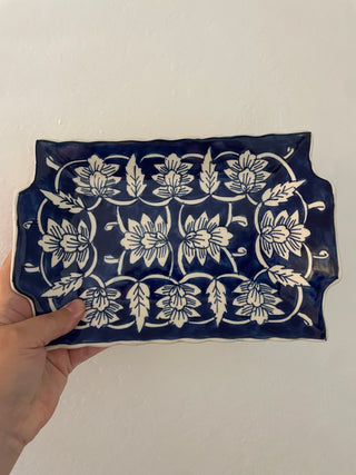 Rectangle blue and white floral tray