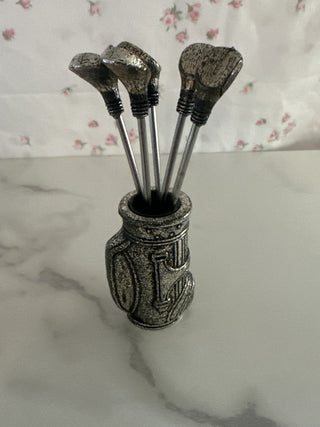 Vintage Silver Plated Golf Clubs w/Bag Hors d'oeuvre 6 Pc Set Barware|107781