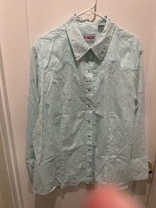 Roper Women's Western Light Blue Floral Silver Accents XL Shirt with Pearl Snaps XL #63 VV MTS