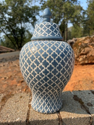 14” Ceramic Latticed Blue & White Ginger Jar