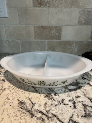 Vintage Glasbake Oval Divided Casserole Dish with Green Daisy Pattern RCD|120398