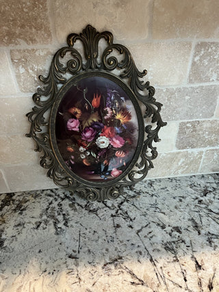 Antique Brass Italian Oval Ornate Convex Frame w/Reverse Painted Glass-RCD|71988