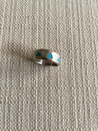 Vintage Inlay Turquoise And Mother Of Pearl Silver Band Ring  Size 7