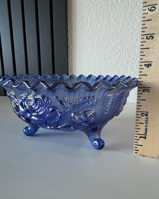 Carnival glass iridescent blue floral footed bowl RSV|116751