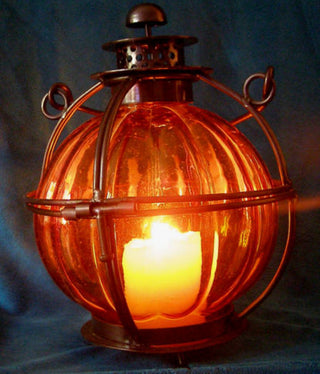 Vintage Beautiful Amber Glass Globe Home Decor Metal Brass Hanging Lantern Pumpkin lamp #62 VV MTS|68344