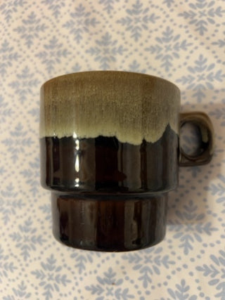 ONE vintage stackable brown and tan/cream drip-glaze