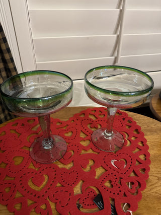 Vintage Handblown Mexican Clear Glass with green Rim Margarita glasses - set of 2 -RCD